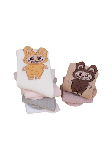 Kız Çocuk Çorap Soket 6 Çift Beyaz-gri-pembe-kahve-krem-gülkurusu-1888 ÇoK Renkli