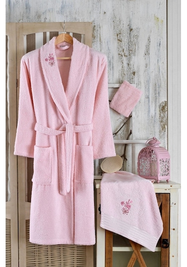 Güvenal Ayla 5 Parça Tek Kişilik Nakışlı Bornoz Seti Bornoz Takımı Bornoz Çeyiz Seti 2 Pembe
