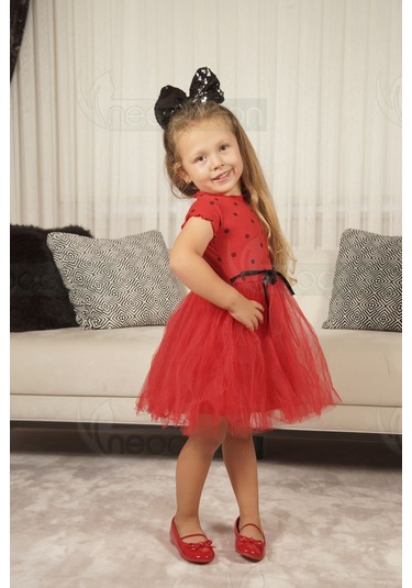Puantiyeli Kız Çocuk Kısa Kollu Doğum Günü Ve Özel Günler İçin Tüllü Elbise Kısakol-kırmızı Kırmızı