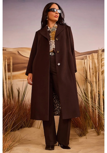 Galaxi Kadın Büyük Beden Astar Desenli Cepli Kaşe Kaban 4003 Kahverengi Kahverengi