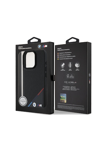 İphone Uyumlu 16 Pro Max Kılıf Bmw Lisanslı Magsafe Şarj Özellikli M Logolu Üç Çizgili Delikli Deri Siyah