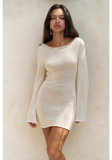 Mai Collection Mai Studios Co. Lenthe Kayık Yaka Bej Mini Triko Elbise Bej