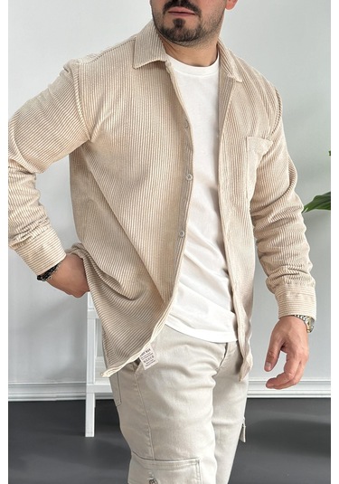 Erkek Kadife Kumaş Gömlek Krem Edw214 Krem