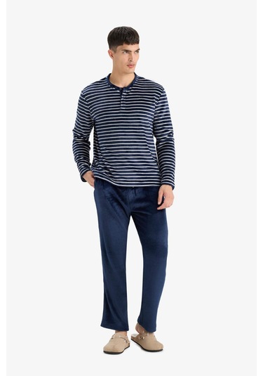 Defacto Pijama Takımı Regular Fit Çizgili Uzun Kollu Üst Welsoft Pelüş Uzun Alt A3443ax25wnnv135 Lacivert