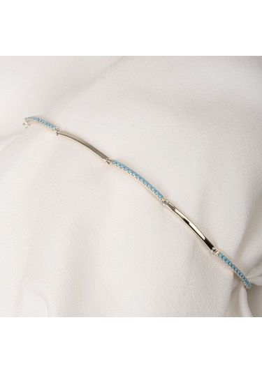Gümüş Bileklik - Sıra Firuze Turkuaz Taşlı Modern Tasarım Şık 925 Ayar Gümüş Bileklik Gümüş