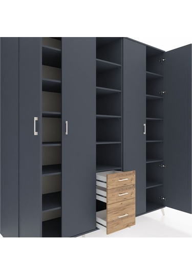 Kronos Dolap 17 Raflı 3 Çekmeceli 4 Kapaklı 220x59x243 Antrasit-antrasit/çam Antrasıt/atlas Çam