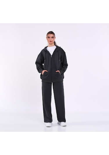 MMetalic Antrasit Kanguru Cepli Kapüşonlu Fermuarlı Oversize Kadın Sweatshirt Antrasit