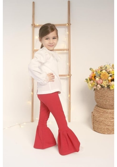 Kız Çocuk Kırmızı İspanyol Paça Yüksek Bel Lastikli Tayt Pantolon Kırmızı