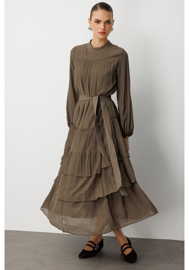 Mizalle Kat Pileli Maksi Haki Elbise Haki