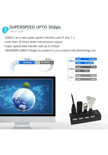 4 Port Usb 3.0 Çoklayıcı Çoğaltıcı Hub Anahtarlı Işıklı 4579P