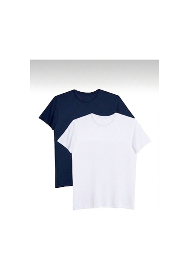 Bürke 2'li Erkek/Unisex Beyaz-Lacivert Renk %100 Pamuk Bisiklet Yaka Basic Tişört