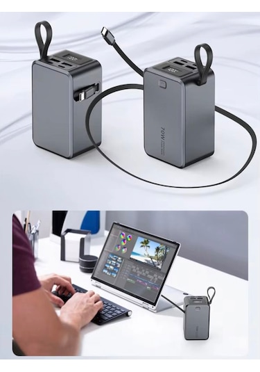 20000mah 70w Hızlı Şarj Powerbank Lcd Ekran 2x Usb + 2x Type-c Type-c Kablolu Çıkışlı Gri