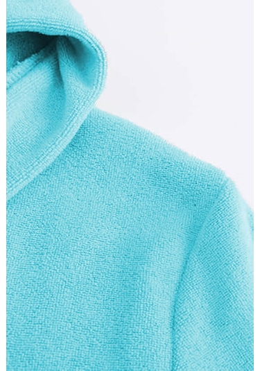 Genç Kız / Erkek Çocuk Kapşonlu Garson Boy Kadife Bornoz %100 Pamuklu Turkuaz
