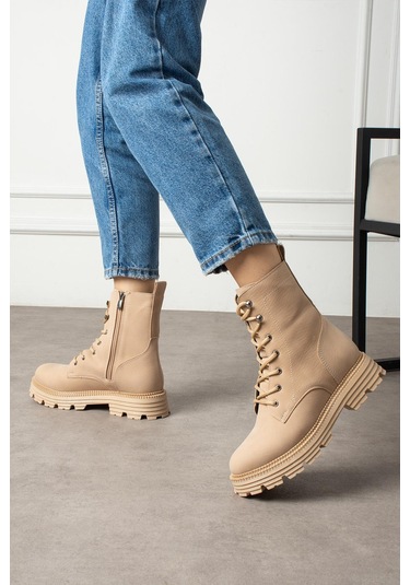 Shoetek Olsima Kadın Bot Bağcıklı Fermuarlı Mat Nut Deri Nut Cilt