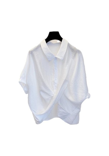 Beyaz Kadın Yaz Yaka Gömlek Tops Batwing Kısa Kollu Çapraz Düzensiz Tasarım Tek Göğüslü Casual Tops Streetweed Beyaz