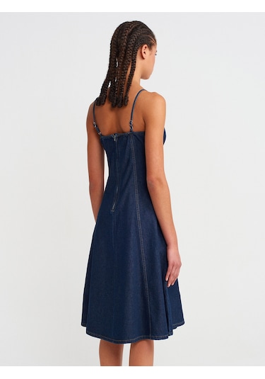 Dilvin 90549 Askılı Denim Midi Elbise-lacivert Lacivert