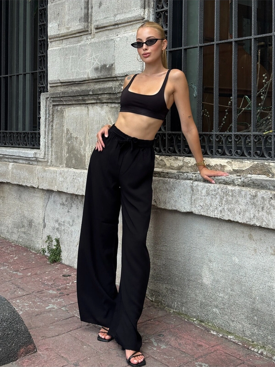 Kadın Yüksek Bel Kuşaklı %100 Viscose Pamuk Geniş Paça Şık Casual Büyük Beden Curve Pantolon Siyah