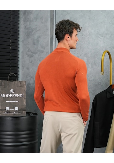 Modefendi Slimfit Kalıp Pamuklu Triko Yarım Balıkçı Triko Kazak Turuncu