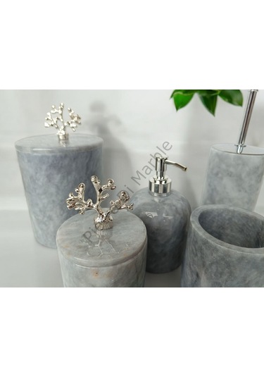 Gri Mermer Klasik Model 7 Parça Gümüş Renk Mercan Aksesuarlı Banyo Seti Gri