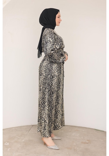 Armine Trend Leopar Desenli Beli Kemerli Elbise Siyah 24kt904 Siyah