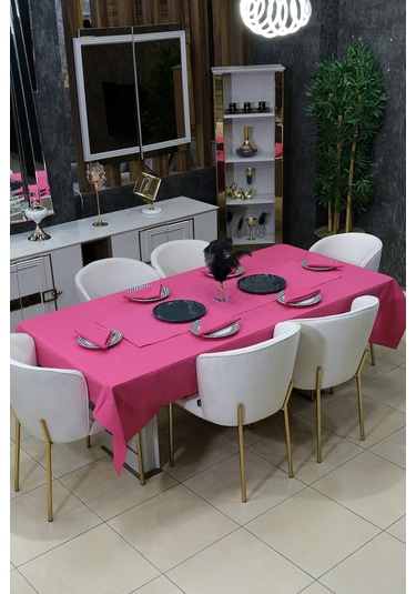 Dream 8 Parça Masa Örtüsü Seti Çeyiz Seti Salon Masa Örtüsü, Runner, 6'lı Peçete Fuşya