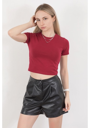 Giysa Kadın Bisiklet Yaka Pamuklu Basic T-shirt Bordo Ms0000102 Bordo
