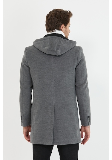 Erkek Gri Yün Karışımlı Kaşe Kapüşonlu Önü Fermuarlı Kaban-Gri
