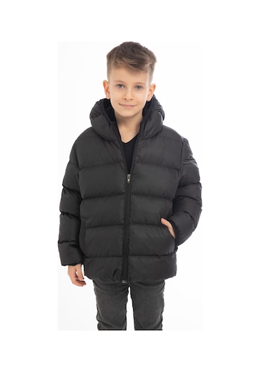 Erkek Çocuk Siyah Içi Polarlı Kapüşonlu Su Geçirmez Rüzgara Dayanıklı Şişme Kışlık Mont Siyah