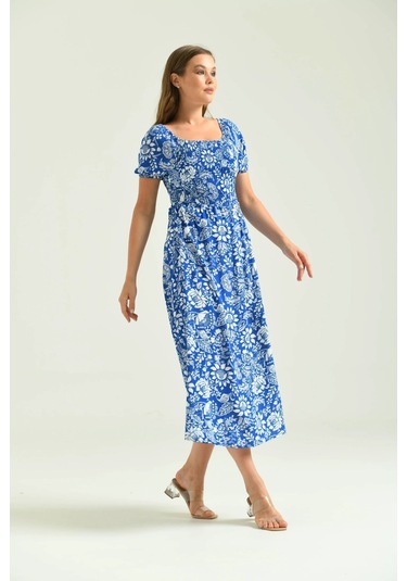 Kadın Saks Kare Yaka Desenli Elbise 001