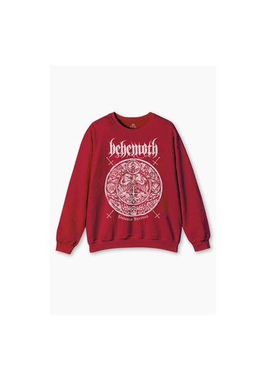 Bisiklet Yaka Sweatshirt Behemoth Metal Rock Kuru Kafa Skull Baskılı Kırmızı Sweat Kırmızı