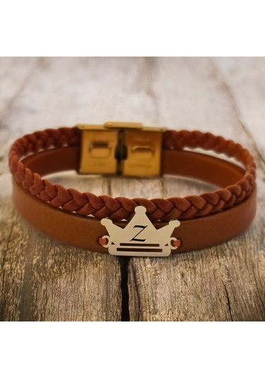 Archin Z Harfine Özel 14 Ayar Altın Plakalı Kahverengi Derili Taç Motifli Hediye Bileklik-467harf Z