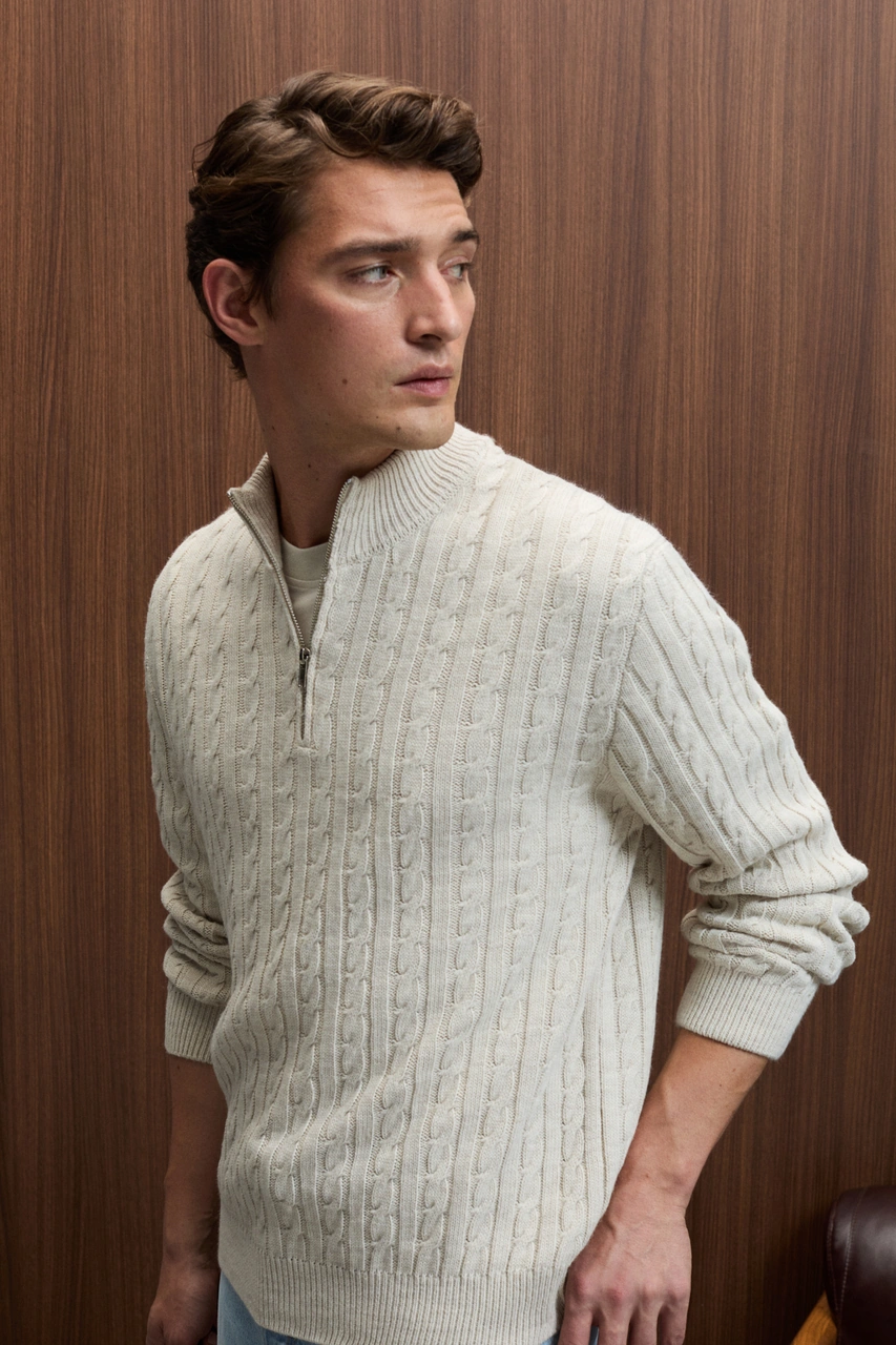 Grımelange Ivar Erkek Yarım Fermuarlı Dik Yakalı Saç Örgü Desenli Triko Taş Rengi Kazak Taş