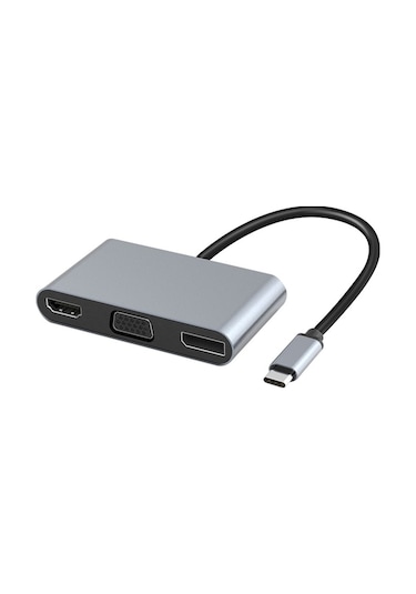 Usb-c Hub 5-in-1 Gri: 4k Hdmı+vga+dp Çıkışlı, Pd Hızlı Şarj, Usb Portu, Alüminyum Gövde, Plug&play