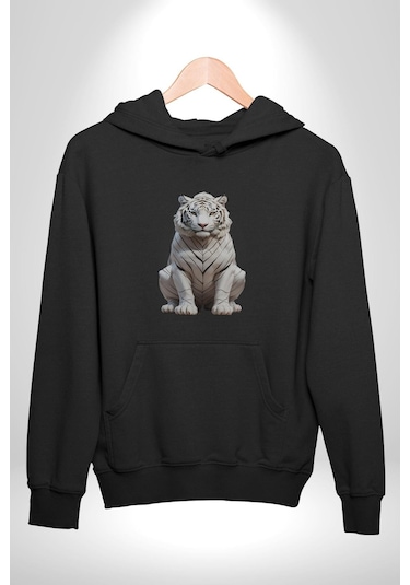 Beyaz Kaplan Kadın Erkek Siyah Kapüşonlu Sweatshirt Hoodie Siyah