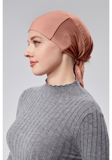 Kadın Tesettür Likralı Penye Dikişsiz Kaymaz Düz Bağlamalı Bone Gül Kurusu