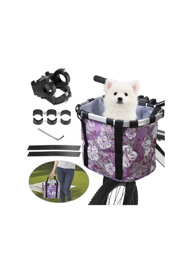 Geeksen Kedi Çantası Dağ Bisikleti Alüminyum Alaşımlı Sepet Bisiklet Sepeti Ön Çanta Hızlı Açma Sepeti Evcil Hayvan Çantası Mor Çiçek