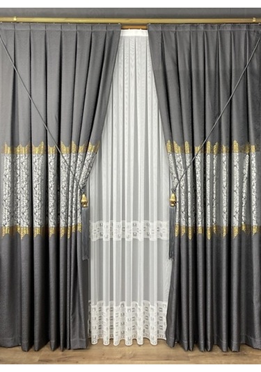 Takım Fon Perde Antrasit-altın 2 Kanat Fon+aksesuar Antrasit Gri