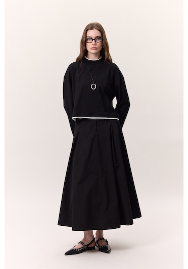 Cep Detaylı Geniş Etek Siyah Siyah