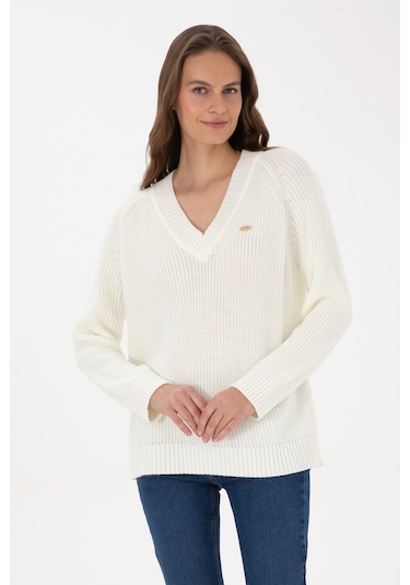 U.S. Polo Assn. Kadın Krem V Yaka Kazak 50314934-VR256