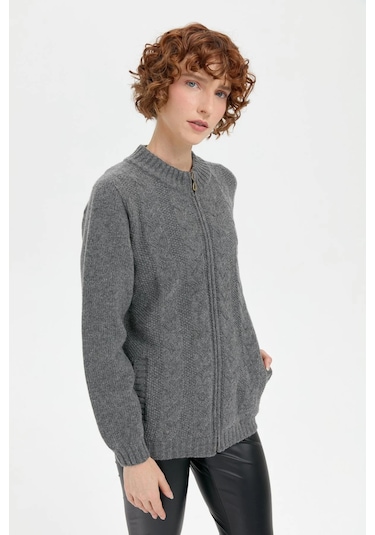 Desen Triko Kadın Dik Yaka Dikişsiz Önü Saç Örgülü Yün Hırka 24268 Füme Füme