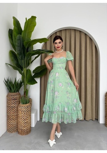 Şifon Kumaş Dijital Desen Baskılı Elbise L