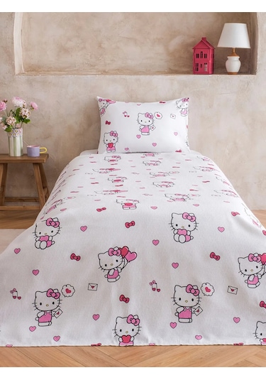 Pembe Hello Kitty Baskılı Tek Kişilik Kız Çocuk Pike Seti