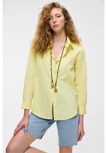 DELFINO Kadın Oversize %100 Organik Pamuk Uzun Kollu İnce Uzun Sarı Gömlek