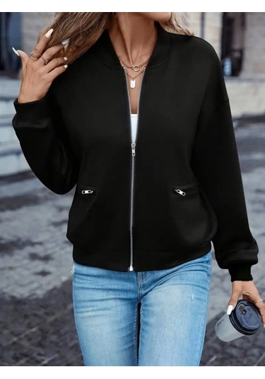 Kadın Uzun Kollu Önden Fermuarlı Cepli Modal Ceket Siyah