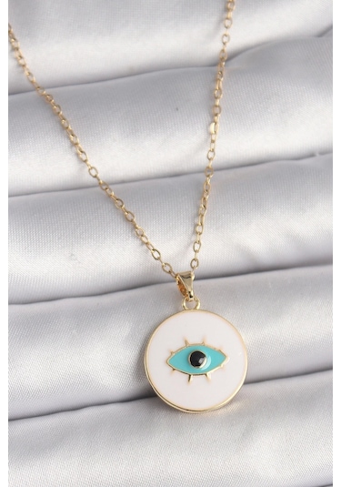 316l Çelik Gold Renk Zincir Beyaz Mineli Turkuaz Göz İşleme Model Kadın Kolye Çok Renkli