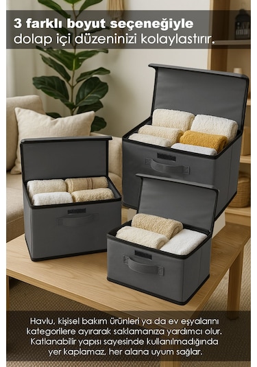 3'lü Kapaklı Saklama Kutusu Seti - Çok Amaçlı Dolap İçi Organizer Çamaşır Oyuncak Düzenleyici Gri Gri