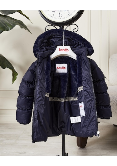 Benitto Kids Kız Bebek Kapüşonlu Fermuarlı Şişme Mont 51351 Lacivert