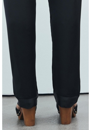 Brûleur Siyah Degaje Yaka Askılı Uzun Saten Pijama Takımı Siyah