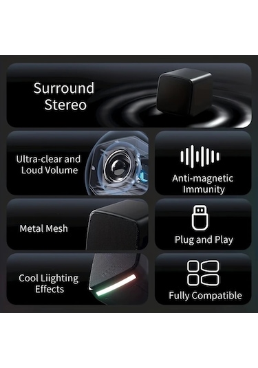 Willowhaven Siyah Bilgisayar Hoparlörü, 6w Usb Işıklı Stereo Ses Mini Hoparlör