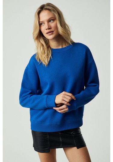 GRIMELANGE Vaneltına Kadın Organik Pamuklu Yumuşacık İçi Polarlı Yuvarlak Yakalı Parlament Mavi Swea Parlament Mavisi